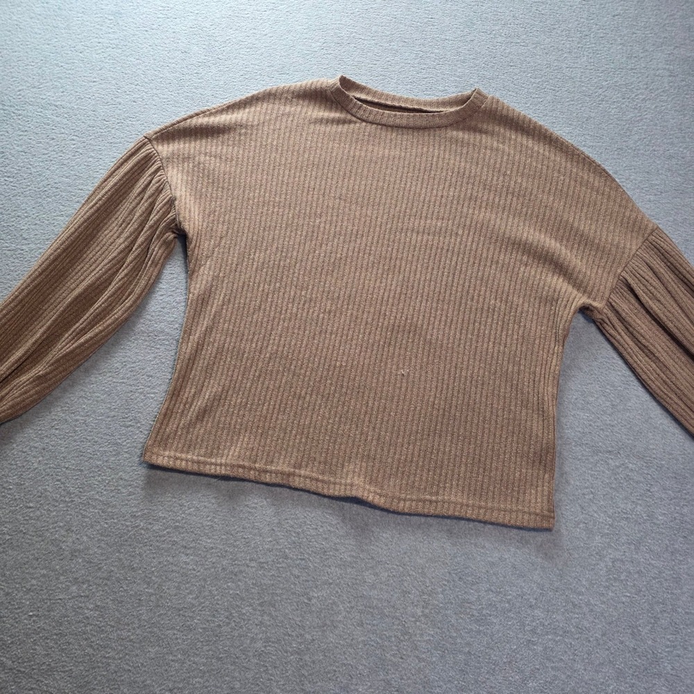 SHEIN Ribbed Knit Top Womens M US 6 Brown Long Sleeve Ruffle Cuff Blouse Boho